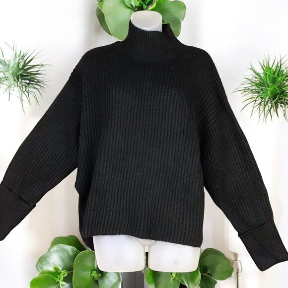 Topshop Black Mock Neck Ribbed Knit Sweater Small 4-6 Cropped Split Hem - Picture 3 of 11